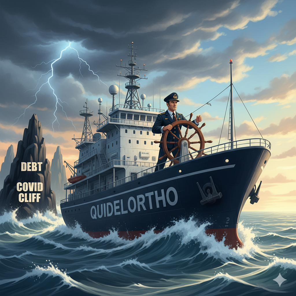 An illustration of a large ship named QuidelOrtho being steered by a new captain away from stormy seas and rocks toward a sunrise.