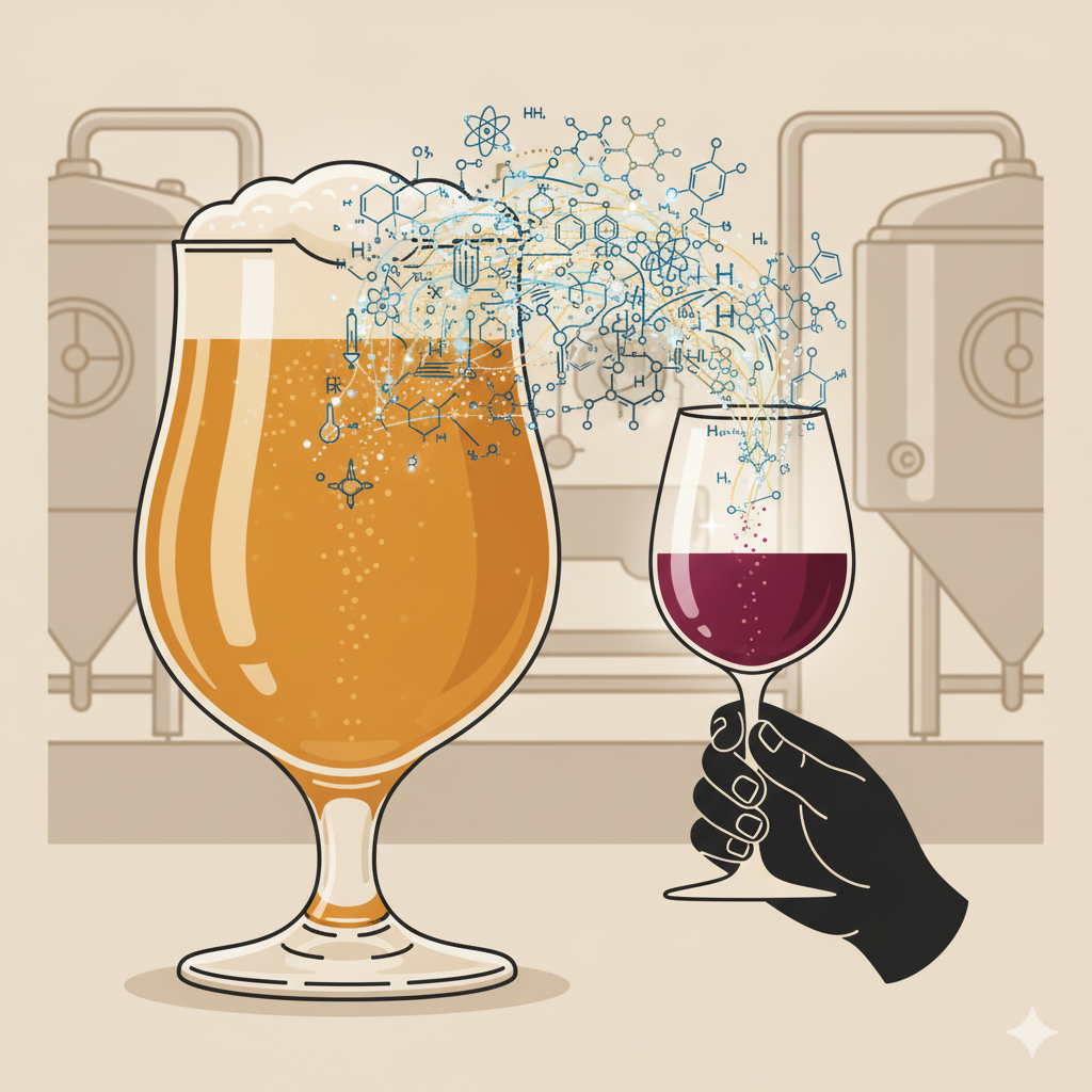 Conceptual art of a golden beer in a glass, with scientific diagrams emerging from its foam and a hand holding a wine glass.