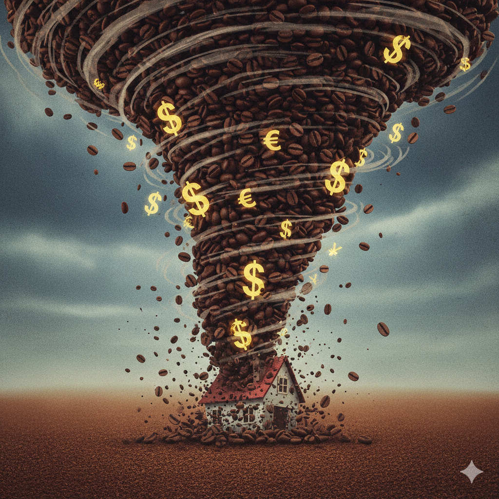 Illustration of a perfect storm funnel cloud made of coffee beans and dollar signs impacting a small house.