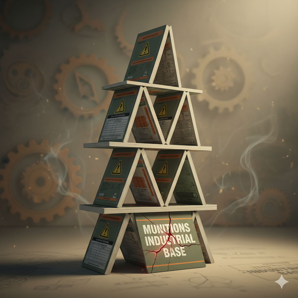 A house of cards built from explosive safety manuals and ammo data cards is shown cracking and about to collapse.