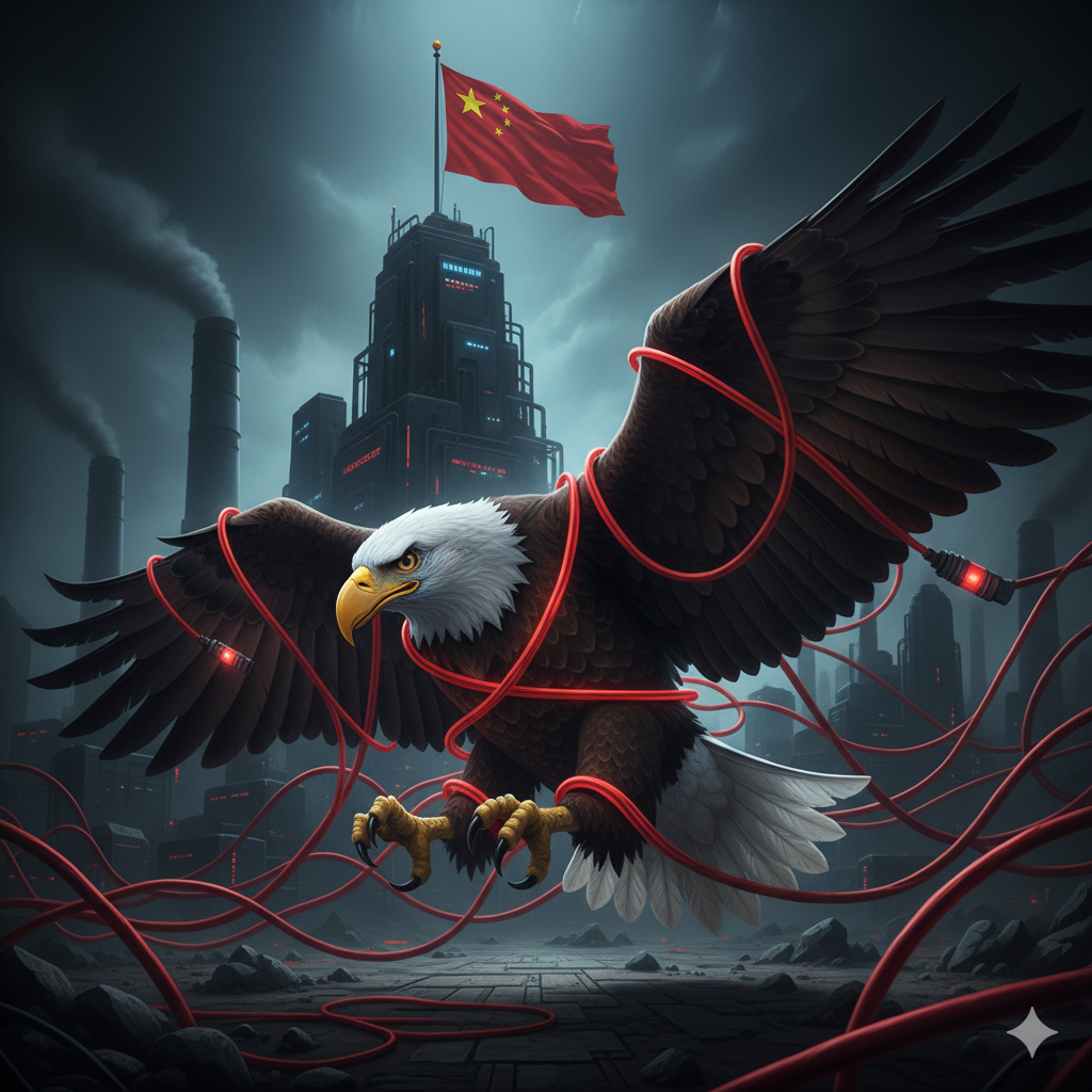An American bald eagle entangled in glowing red wires connected to a factory with a Chinese flag, representing critical mineral dependency.