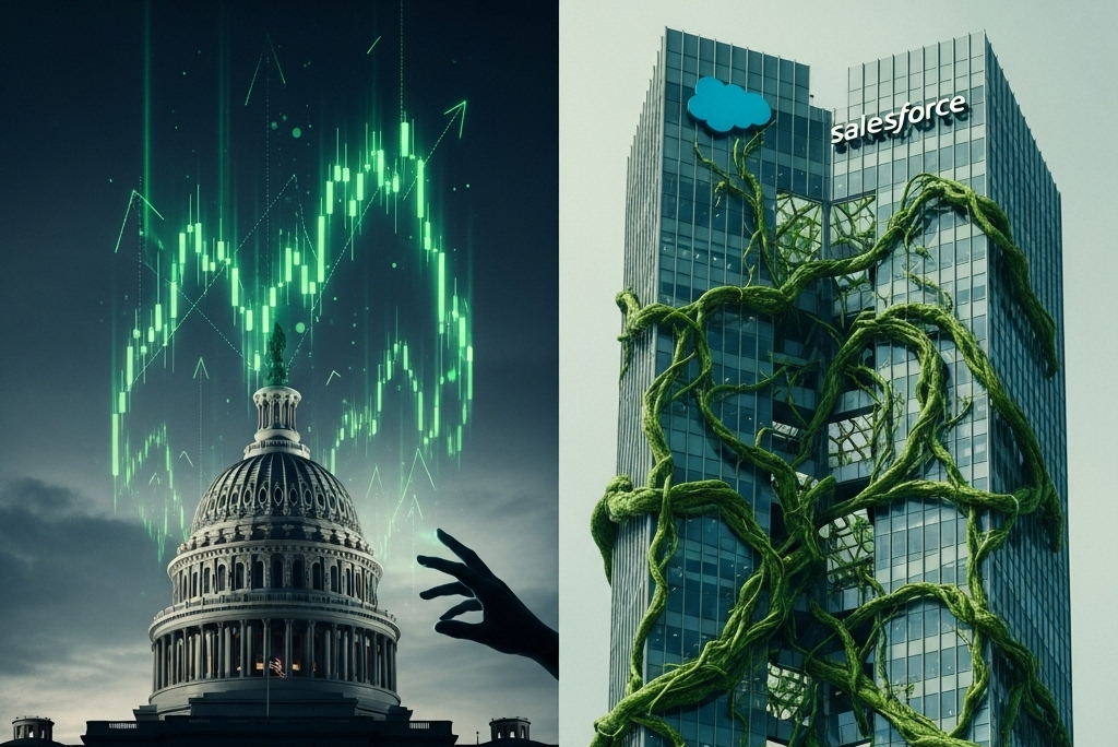 Split image contrasting political insider trading with corporate conflict of interest, featuring Capitol and skyscraper.