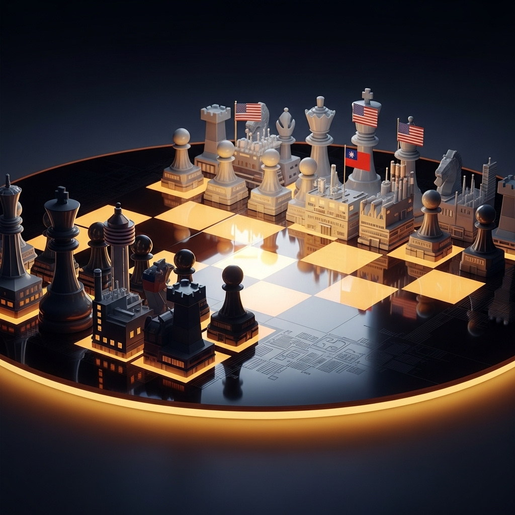 A silicon wafer as a chessboard with factory-shaped pieces bearing USA, China, and Taiwan flags, symbolizing the chip war.