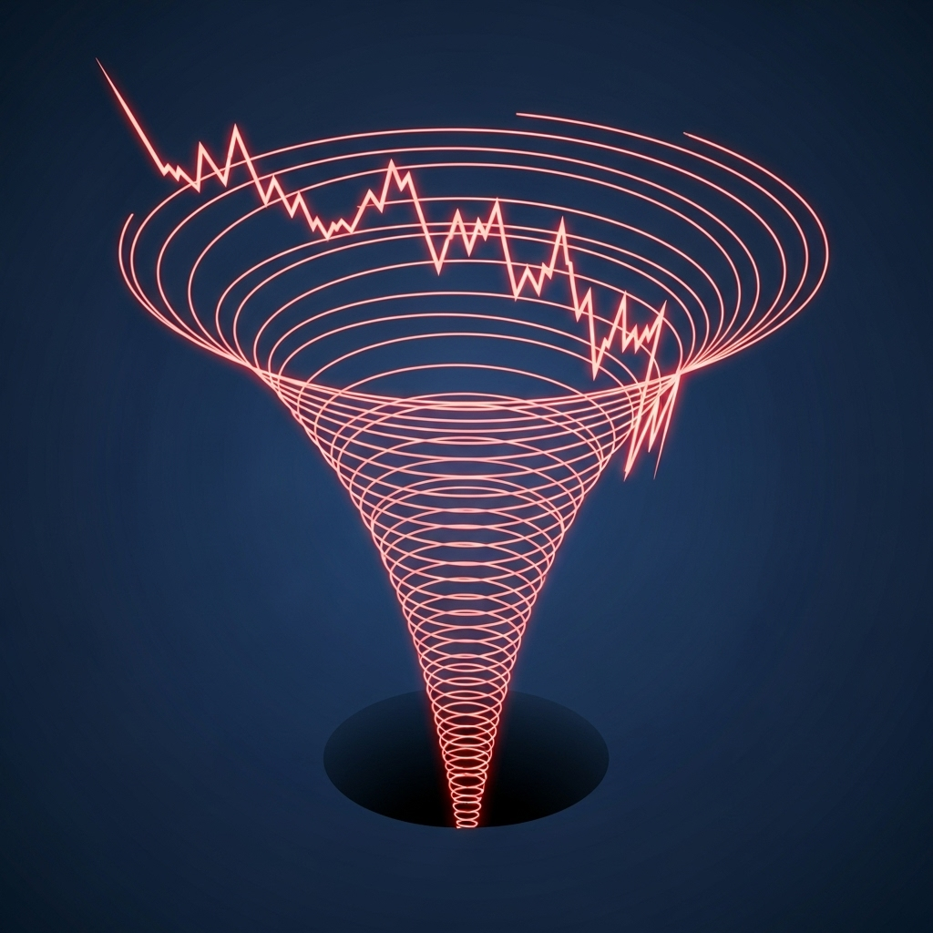 A red stock chart line spiraling downwards into a dark vortex, symbolizing financial decline and shareholder value destruction.