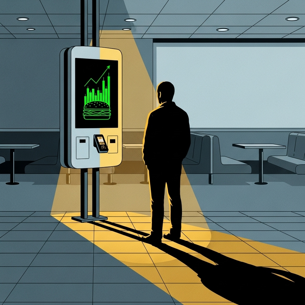 An editorial cartoon showing a McDonald's kiosk with a stock chart casting a shadow over a lonely customer in a restaurant.
