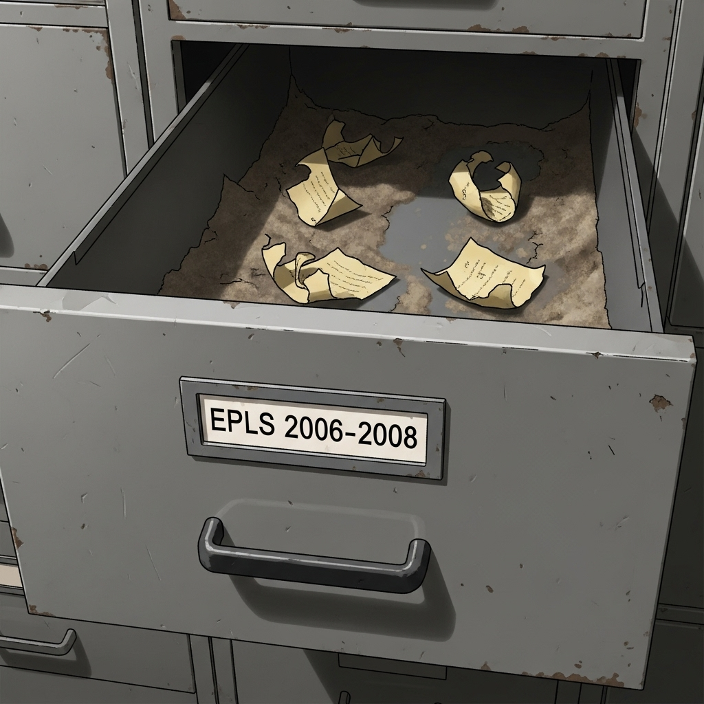 Illustration of an open filing cabinet drawer labeled EPLS 2006-2008, showing only dust and paper fragments inside.