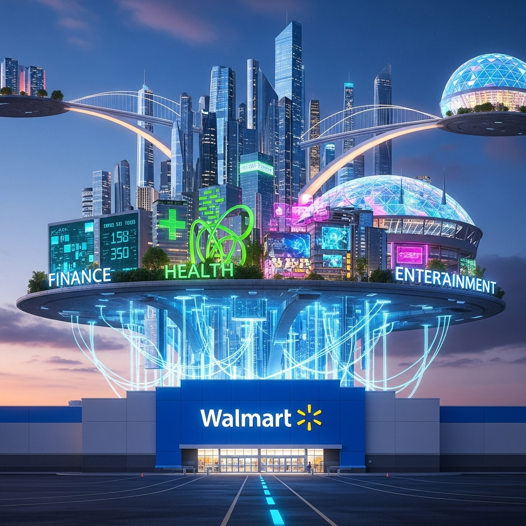 An illustration of a Walmart store with a futuristic digital city built on top, symbolizing its transformation into a services ecosystem.