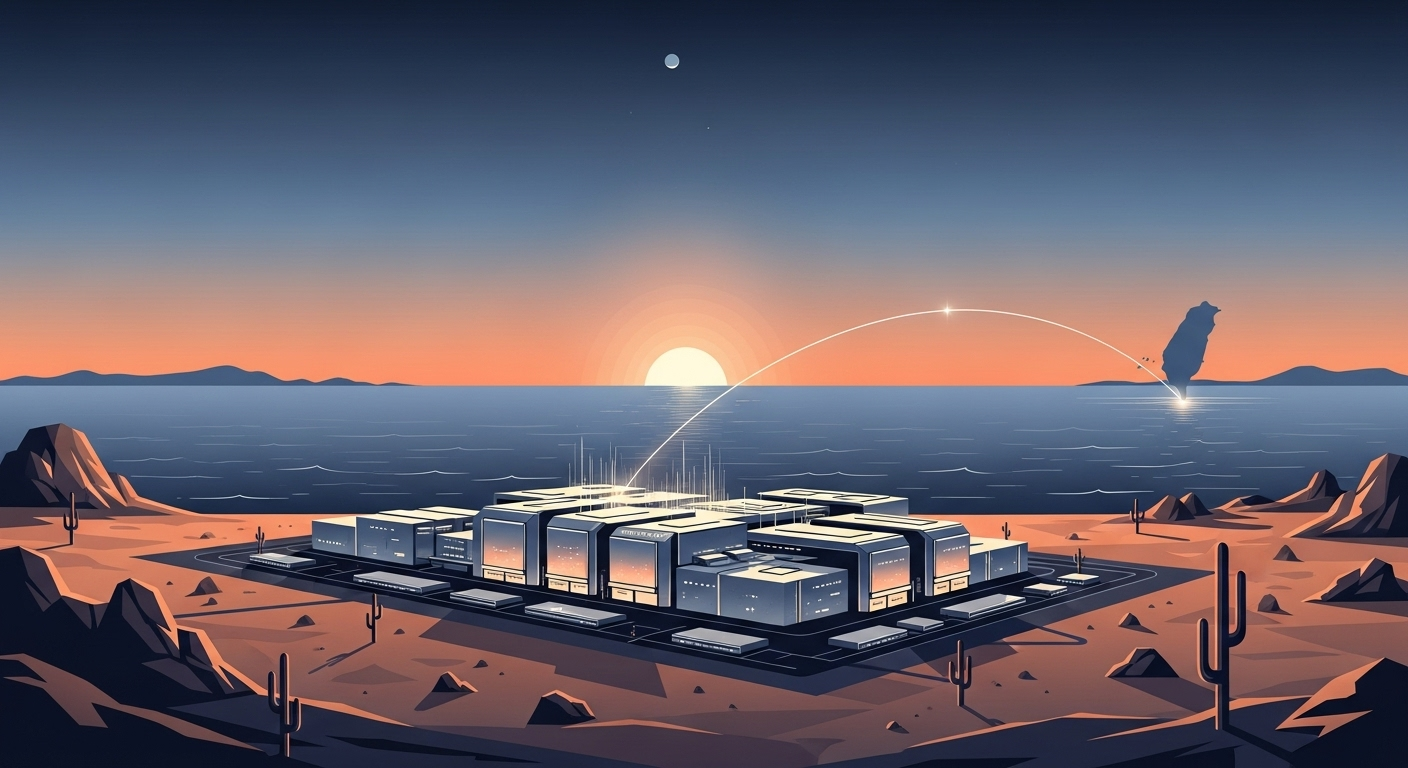 A symbolic illustration of a TSMC fab in Arizona connected to Taiwan by a single, fragile thread, representing supply chain risk.