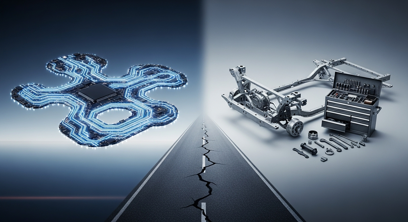 Two contrasting automotive visions: a glowing circuit board for Tesla, a modular chassis and toolbox for Slate EV, separated by a diverging road.
