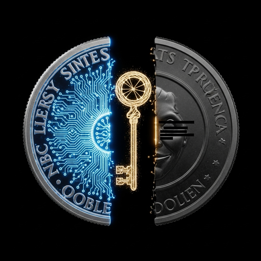 A conceptual image of a US dollar coin split into a transparent public ledger and a private, anonymous token, joined by a quantum key.