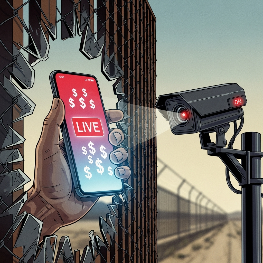 Illustration of a hand holding a smartphone with dollar signs through a barbed-wire fence, watched by a security camera.