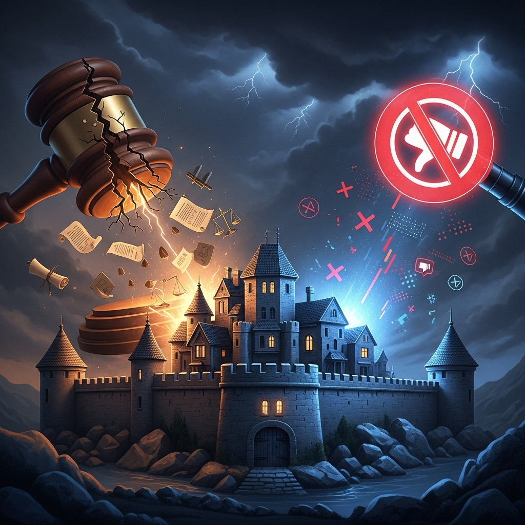 A symbolic illustration of a house as a castle, being threatened by a broken legal gavel and a red digital censorship symbol.