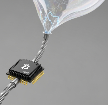 A small Bitcoin miner inflates a giant, cracking "AI" bubble, symbolizing IREN's high-risk pivot.