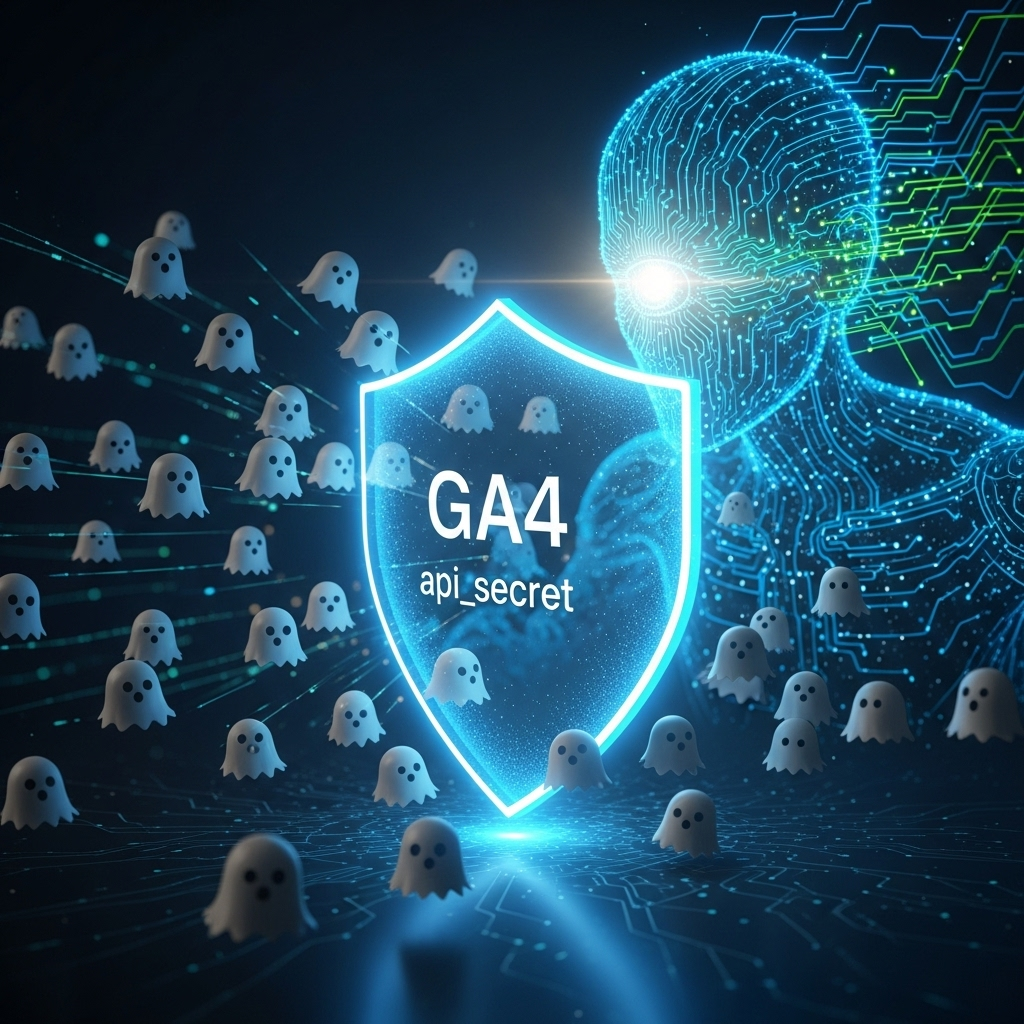 A digital shield labeled "GA4 api_secret" blocks pixelated ghosts, as a larger, circuit-like AI ghost forms to challenge it.