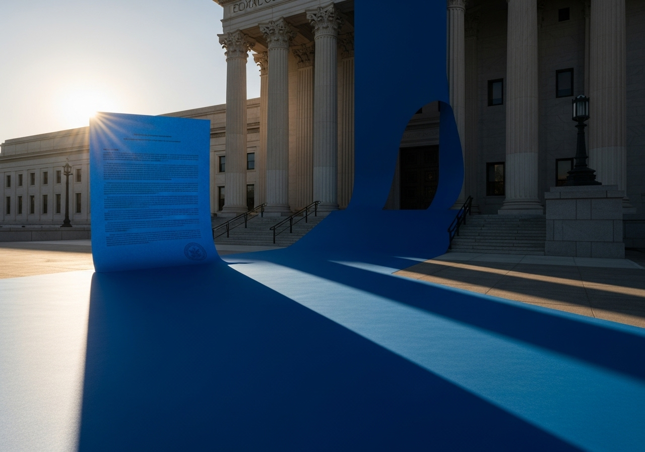 A blue slip of paper casts an oversized shadow, blocking the steps of a government building, symbolizing obstruction.