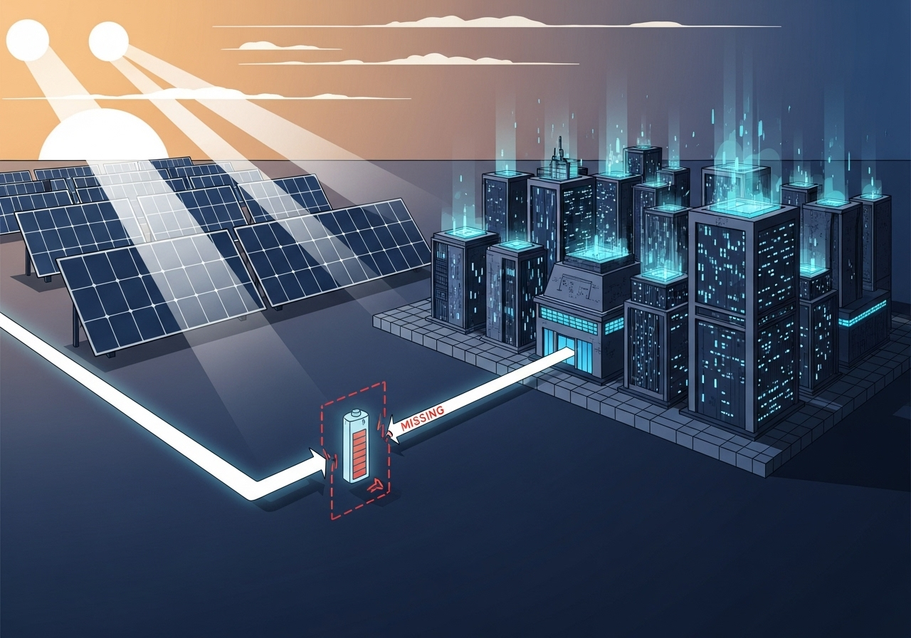 Illustration of an AI data center connected to a solar panel, with a glowing, broken link in the circuit representing missing battery storage.