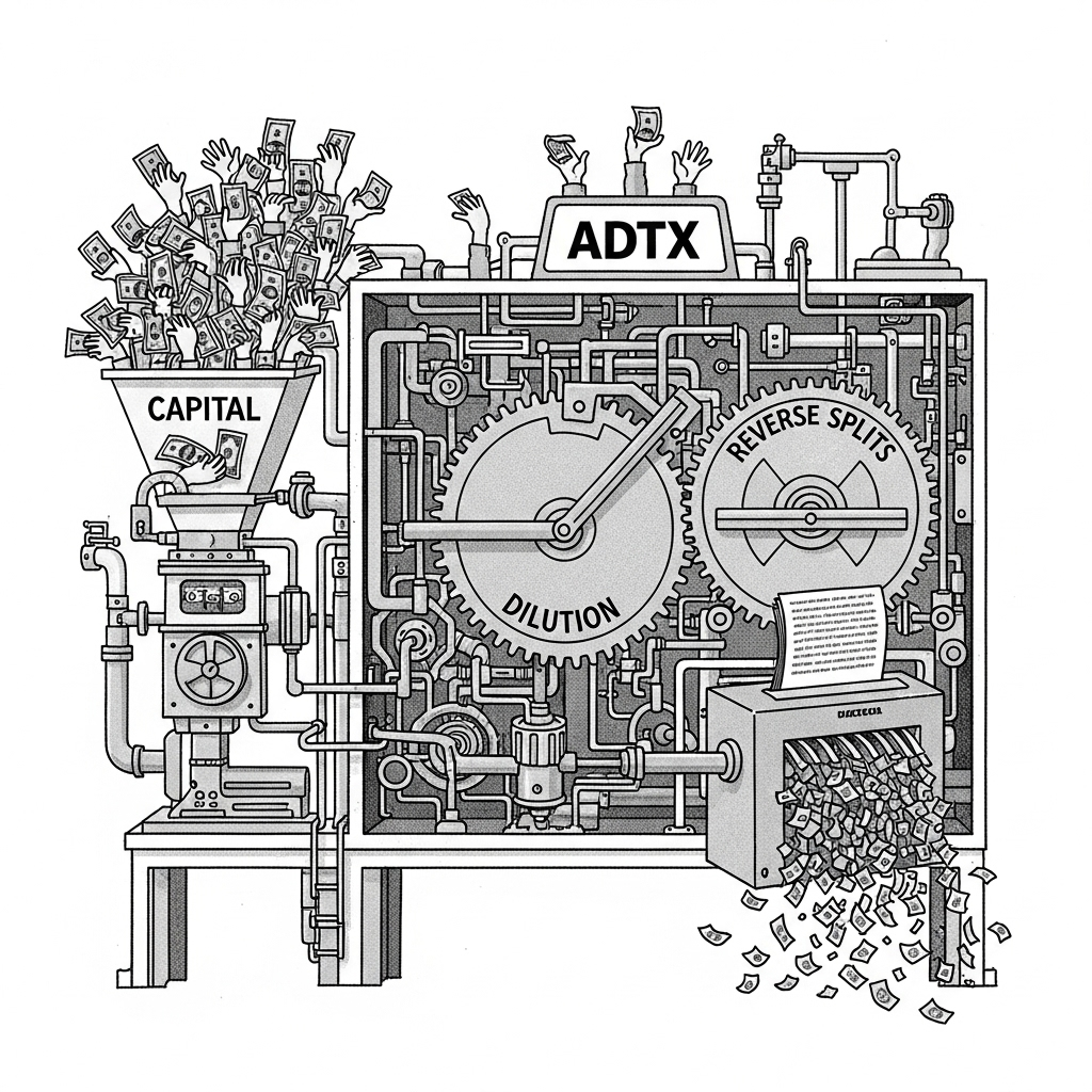 Editorial cartoon showing a machine labeled "ADTX" that consumes money and uses gears labeled "Dilution" and "Reverse Splits" to shred it.