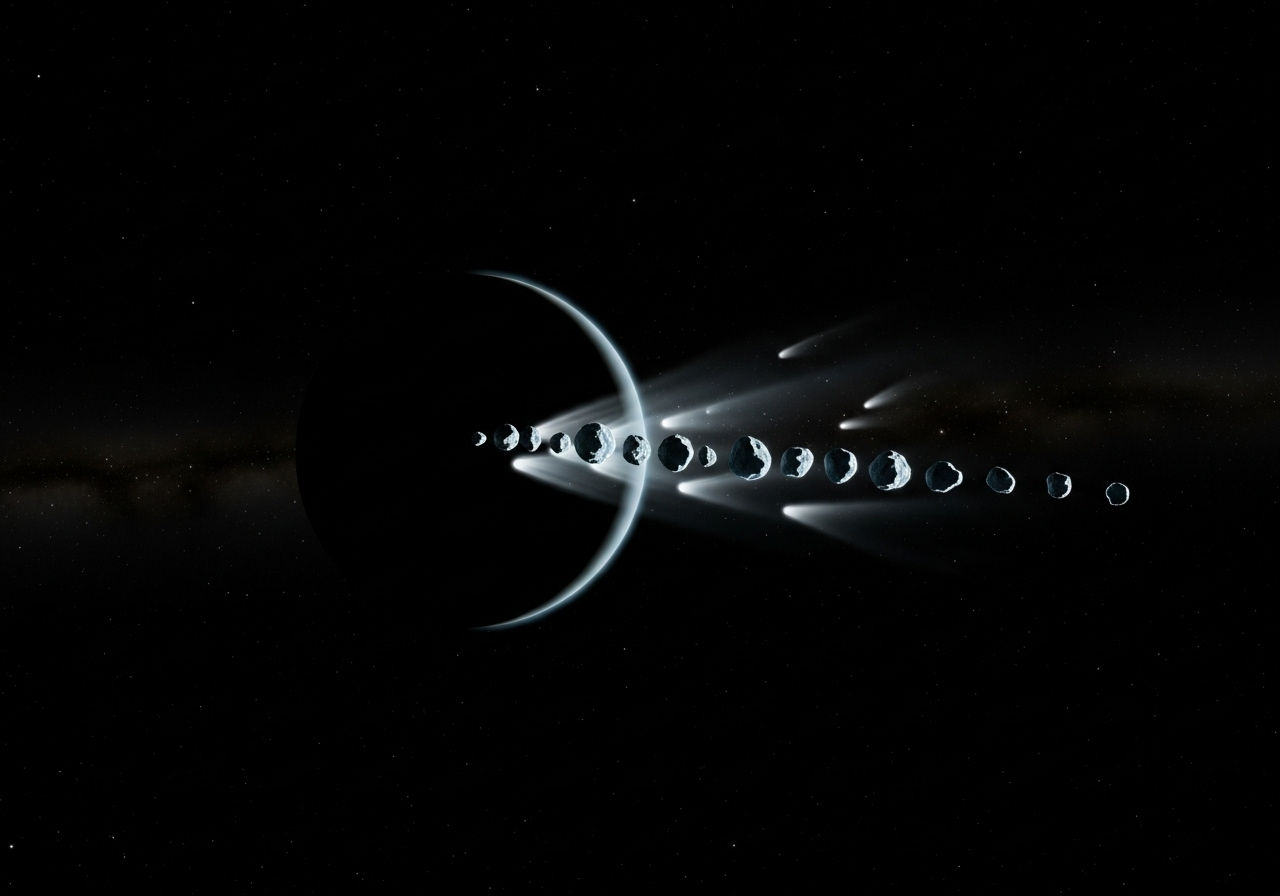 Illustration of the outer solar system showing a cluster of aligned Trans-Neptunian Objects, hinting at the gravity of an unseen Planet Nine.