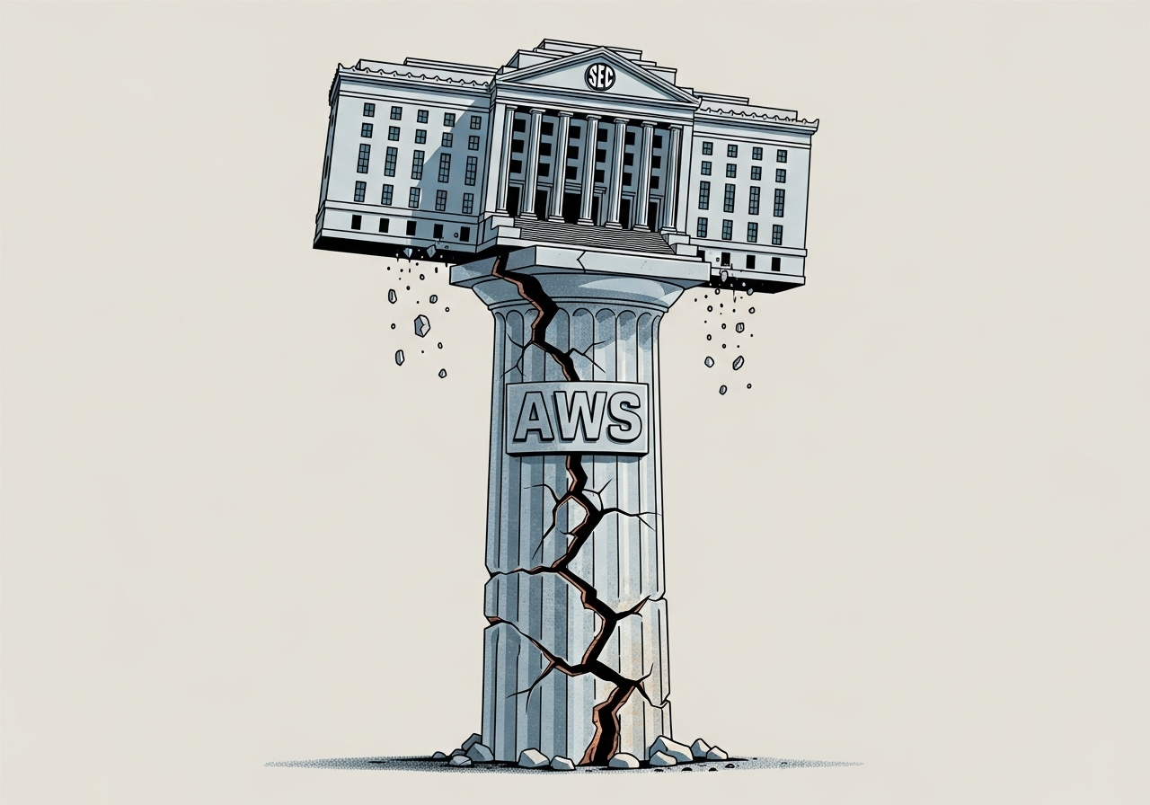 The SEC building is balanced unsteadily on a large, cracked pillar with the AWS logo, symbolizing high-risk dependency.