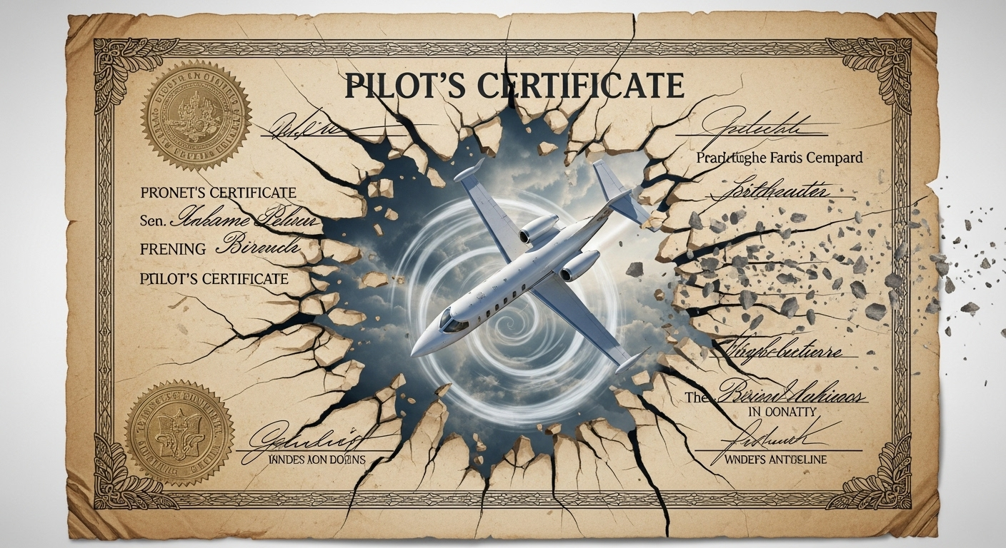 An illustration of a pilot certificate cracking to reveal a T-tail business jet in a dangerous, uncontrolled spin.