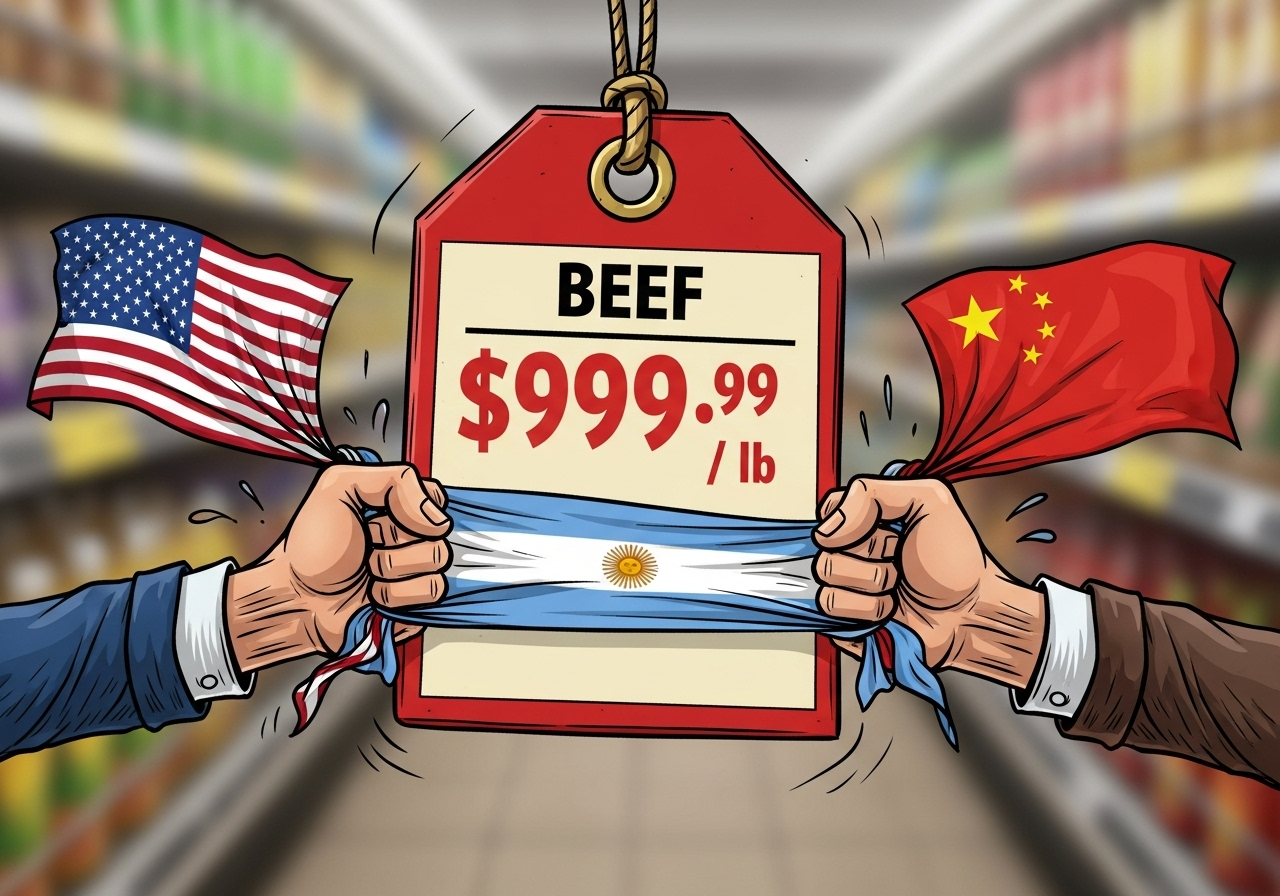 An editorial cartoon showing a large beef price tag, with hands holding U.S. and Chinese flags pulling on an Argentine flag in a tug-of-war.