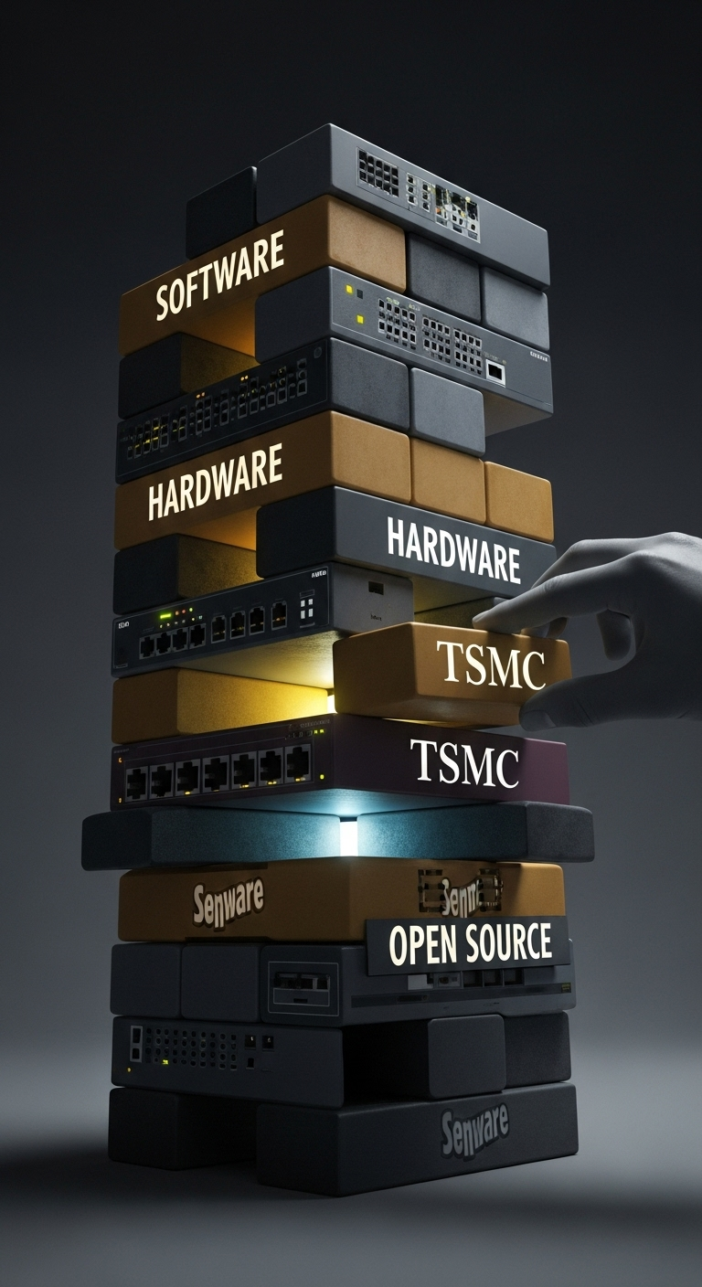 An illustration of a network switch as a Jenga tower with blocks labeled SOFTWARE, HARDWARE, and TSMC, symbolizing supply chain risk.