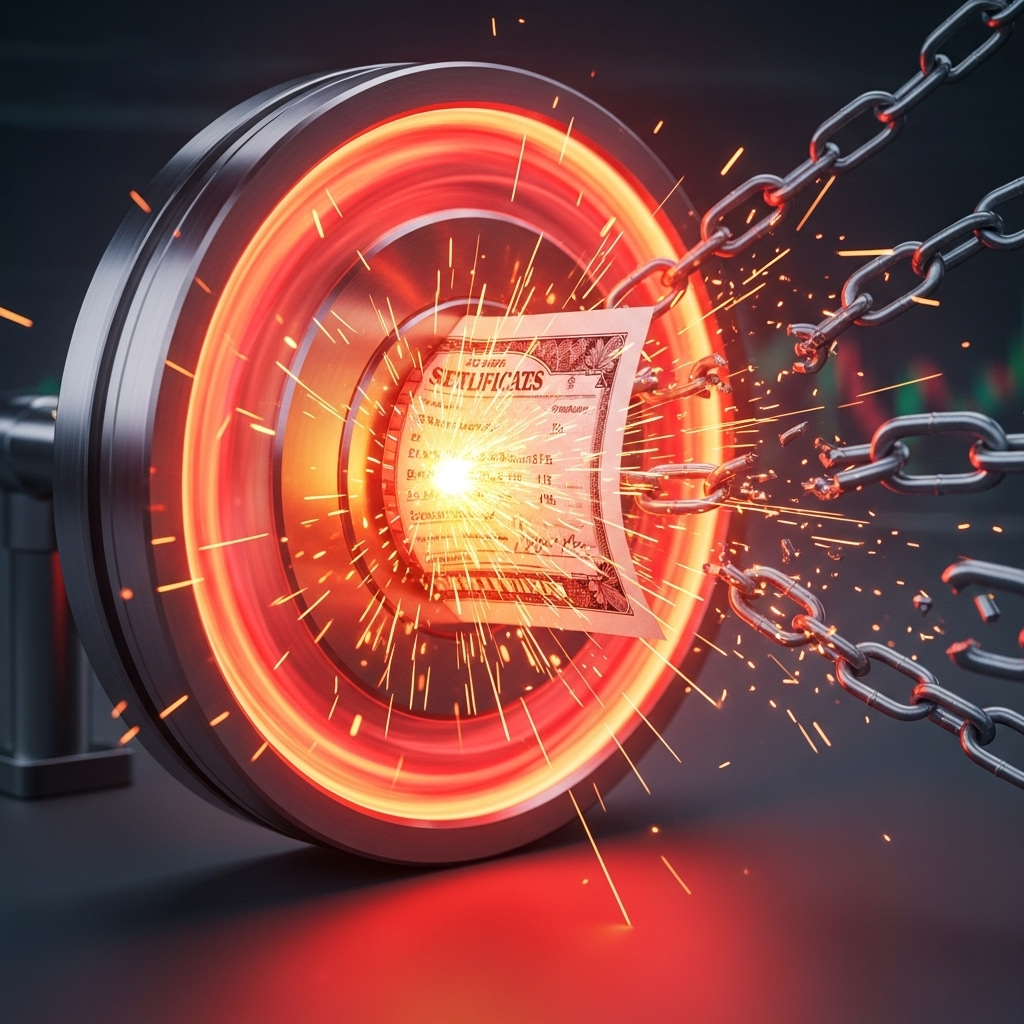 An illustration of a glowing red flywheel mechanism squeezing a stock certificate, causing sparks and broken chains to fly off.