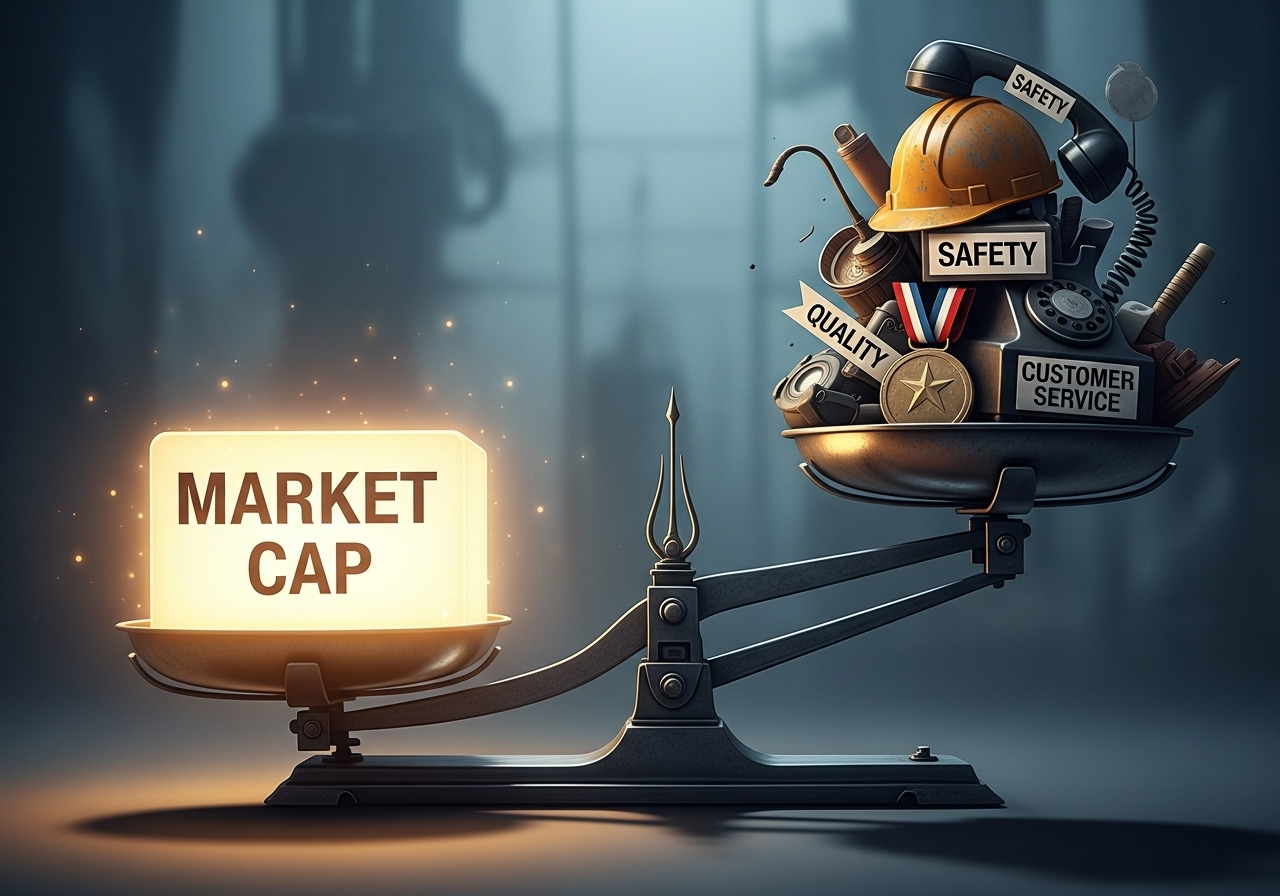 An unbalanced scale with "MARKET CAP" heavily outweighing "SAFETY," "QUALITY," and "CUSTOMER SERVICE."