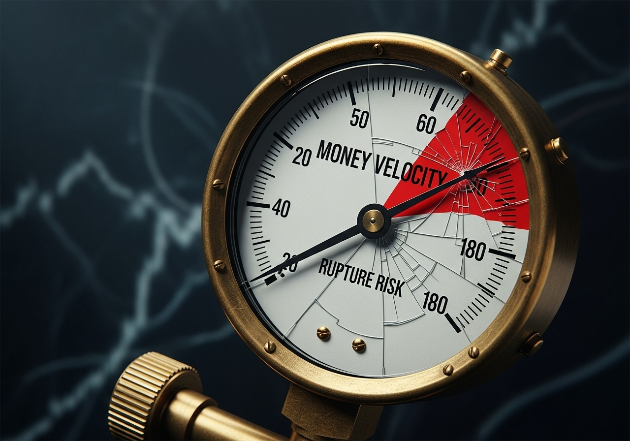 An illustration of a pressure gauge labeled "Money Velocity," with the needle in the red "Rupture Risk" zone and the glass cracking.