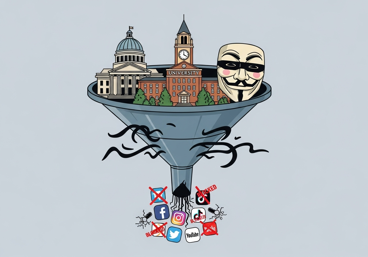 An illustration of a government building, university, and hacker mask funneling into a single point that censors social media icons.
