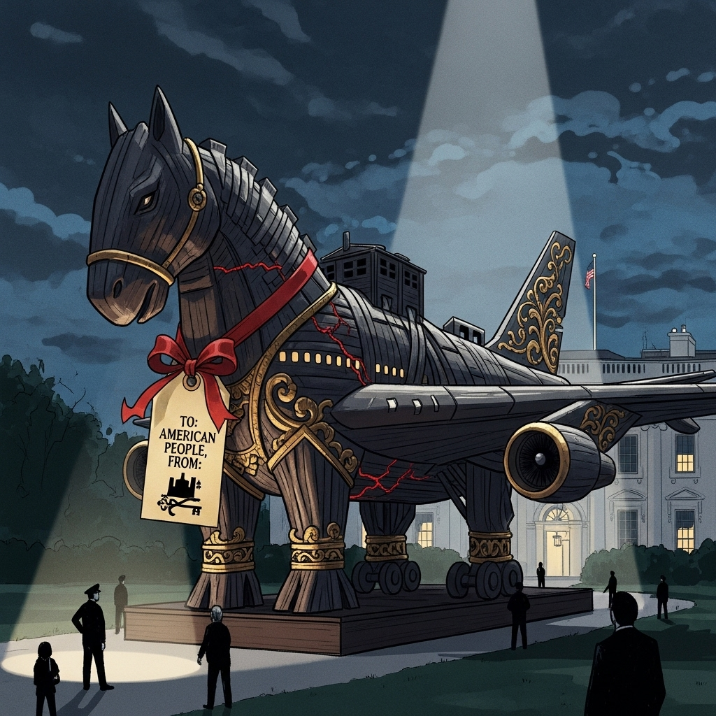 A Trojan Horse shaped like a Boeing 747 is presented as a gift to the White House, symbolizing a hidden security threat.